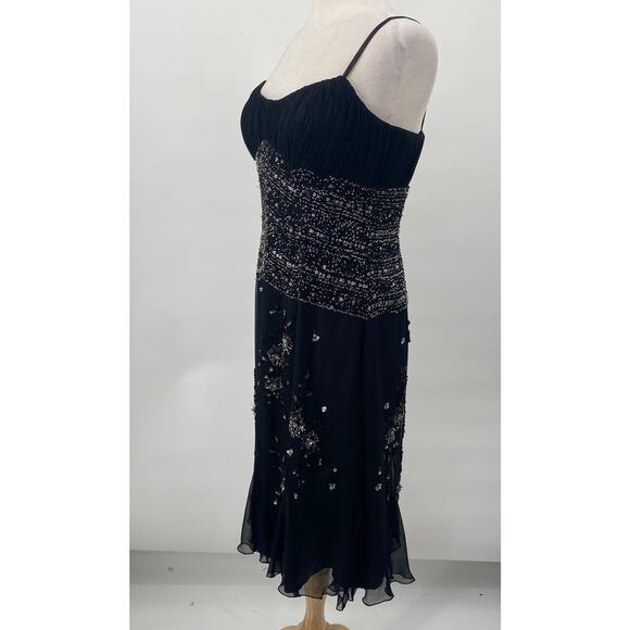 Vintage Y2k Bicici Silk Beaded Dress Empire Waist Pleated Silver Black Womens 10 - Picture 6 of 13
